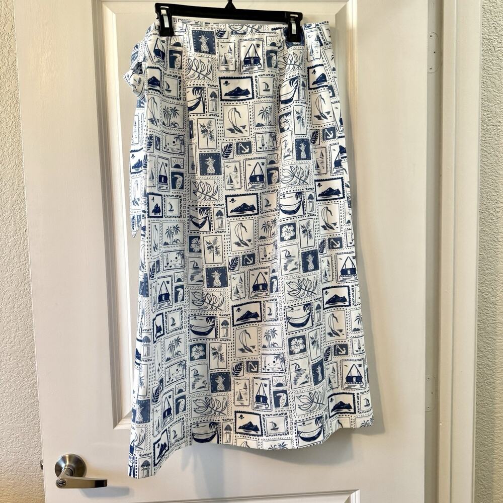 MABLE Womens Medium Wrap Midi Skirt Blue White Tropical Nautical Beach Vacation - Picture 6 of 15